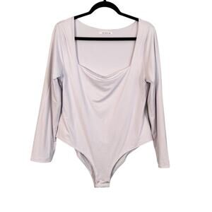 Reoria Stretch Square Neckline Long Sleeve Fitted Slimming Bodysuit white 2XL